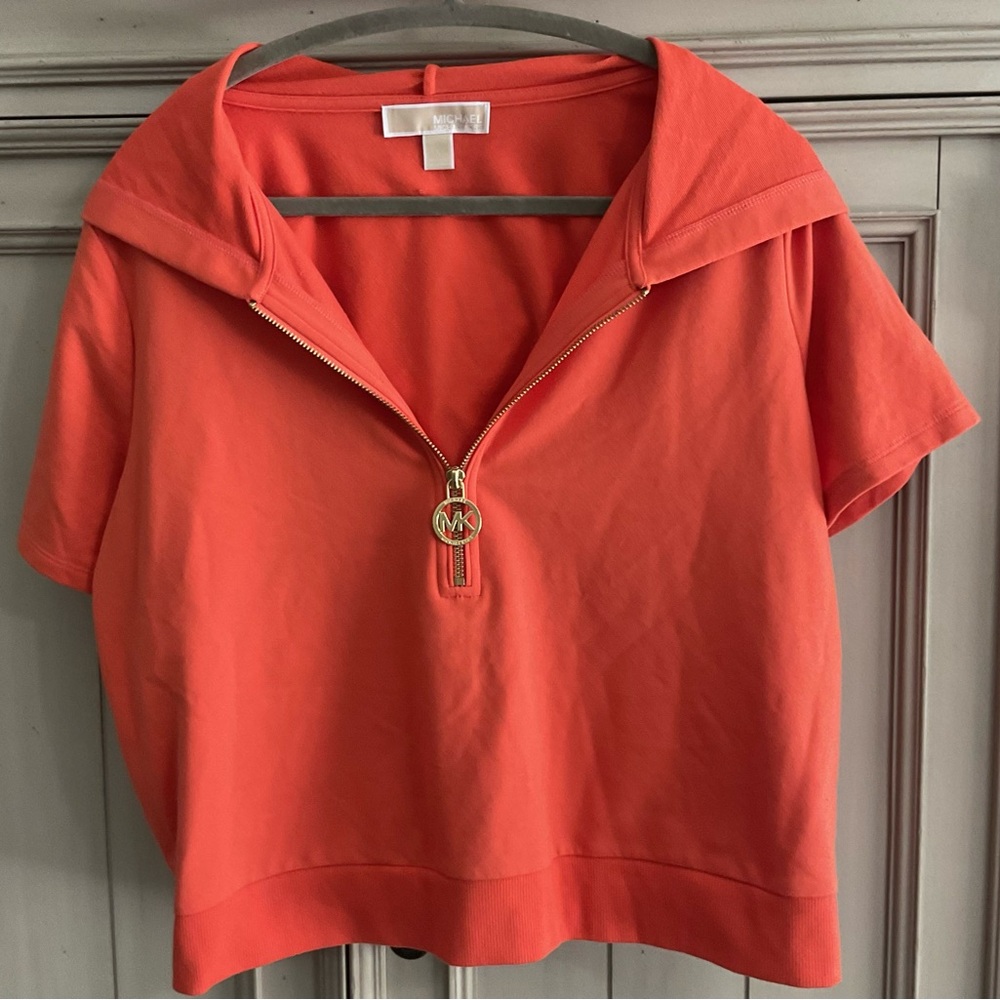 Michael Kors Large Short Sleeve Zip Hoodie – Lightweight, MK Logo Zipper
